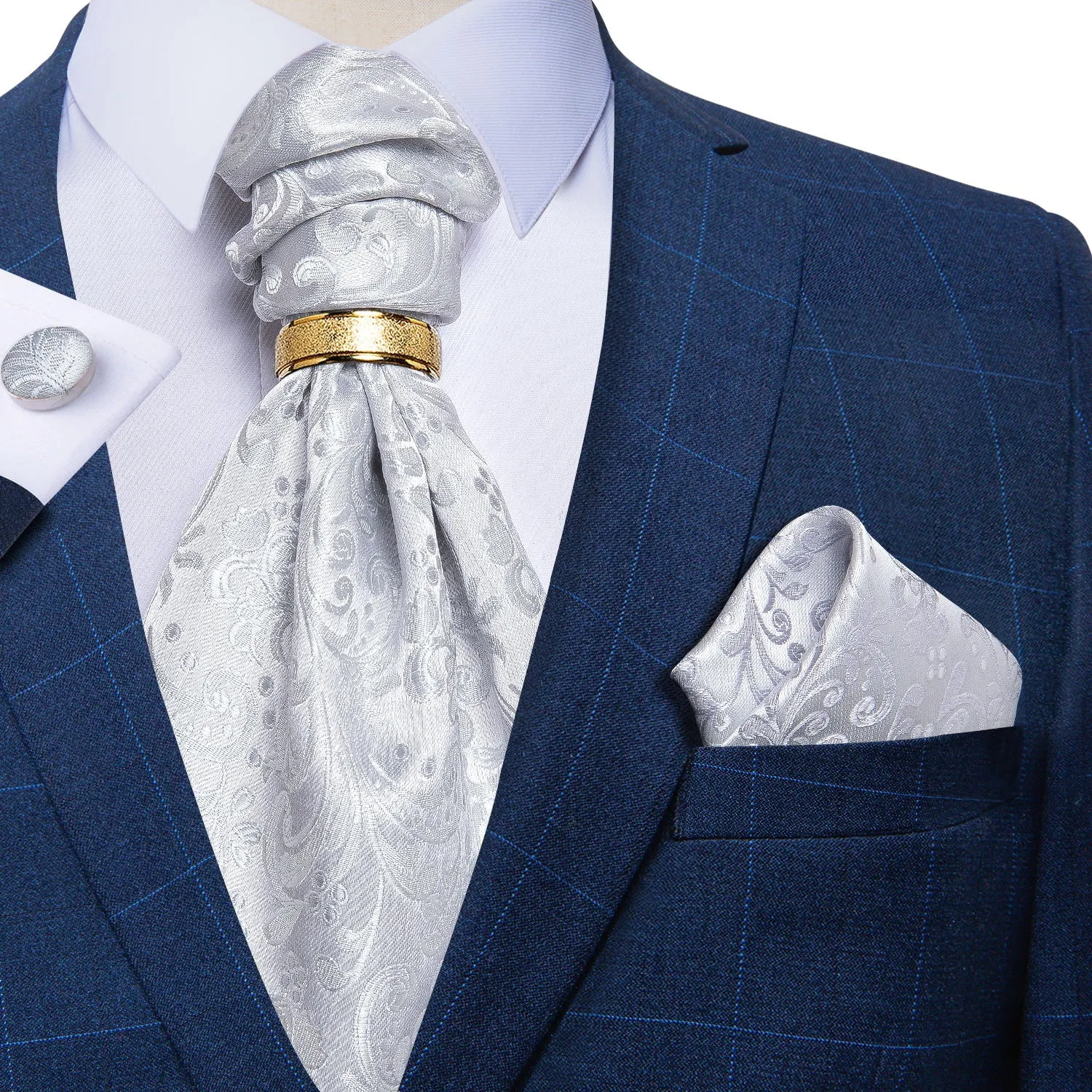 DiBanGu Ascot Tie Silver Floral Silk Cravat Woven Ascot Tie Pocket Square Cufflinks With Tie Ring Set