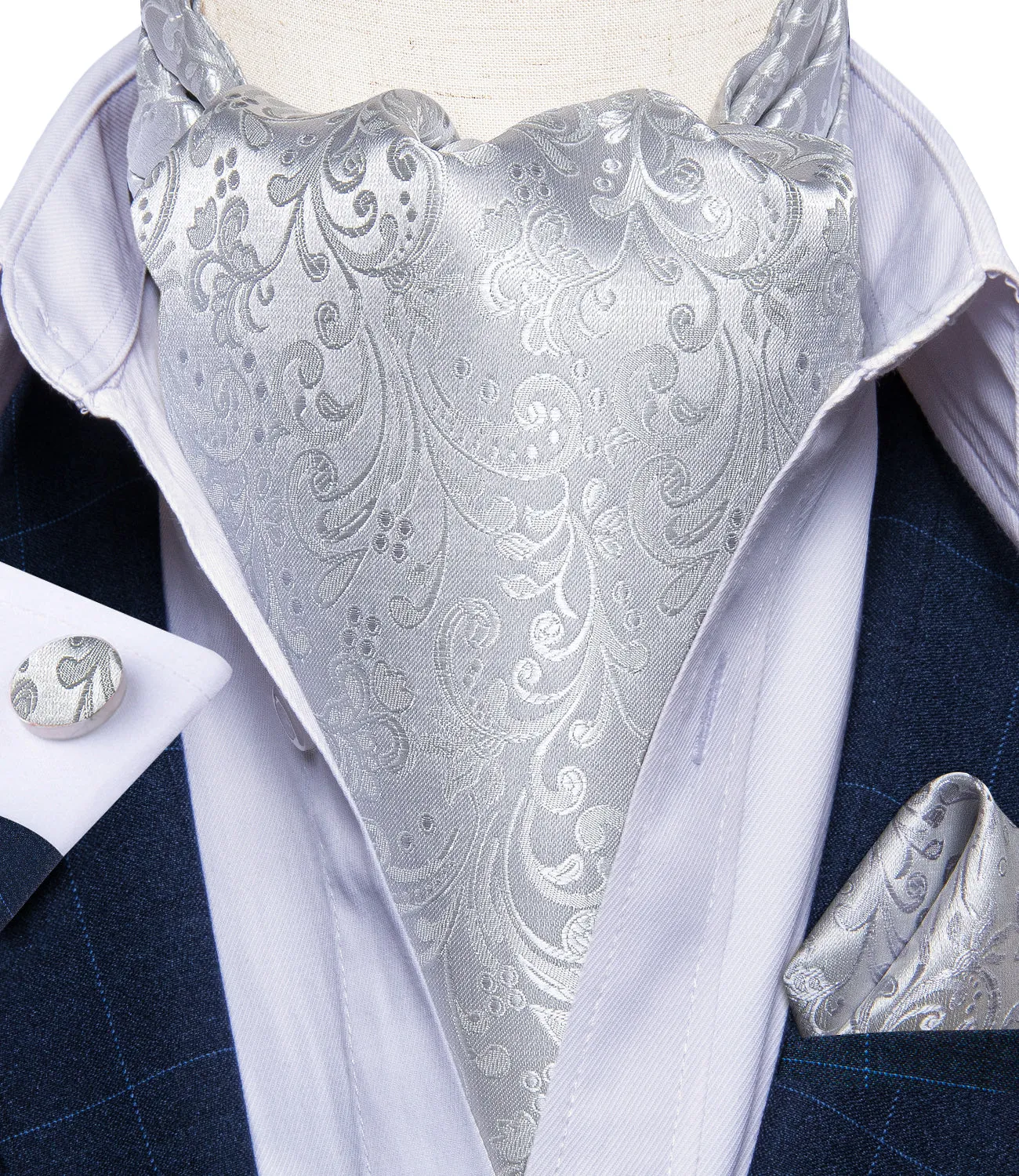 DiBanGu Ascot Tie Silver Floral Silk Cravat Woven Ascot Tie Pocket Square Cufflinks With Tie Ring Set