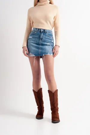 Distressed hem denim mini skirt