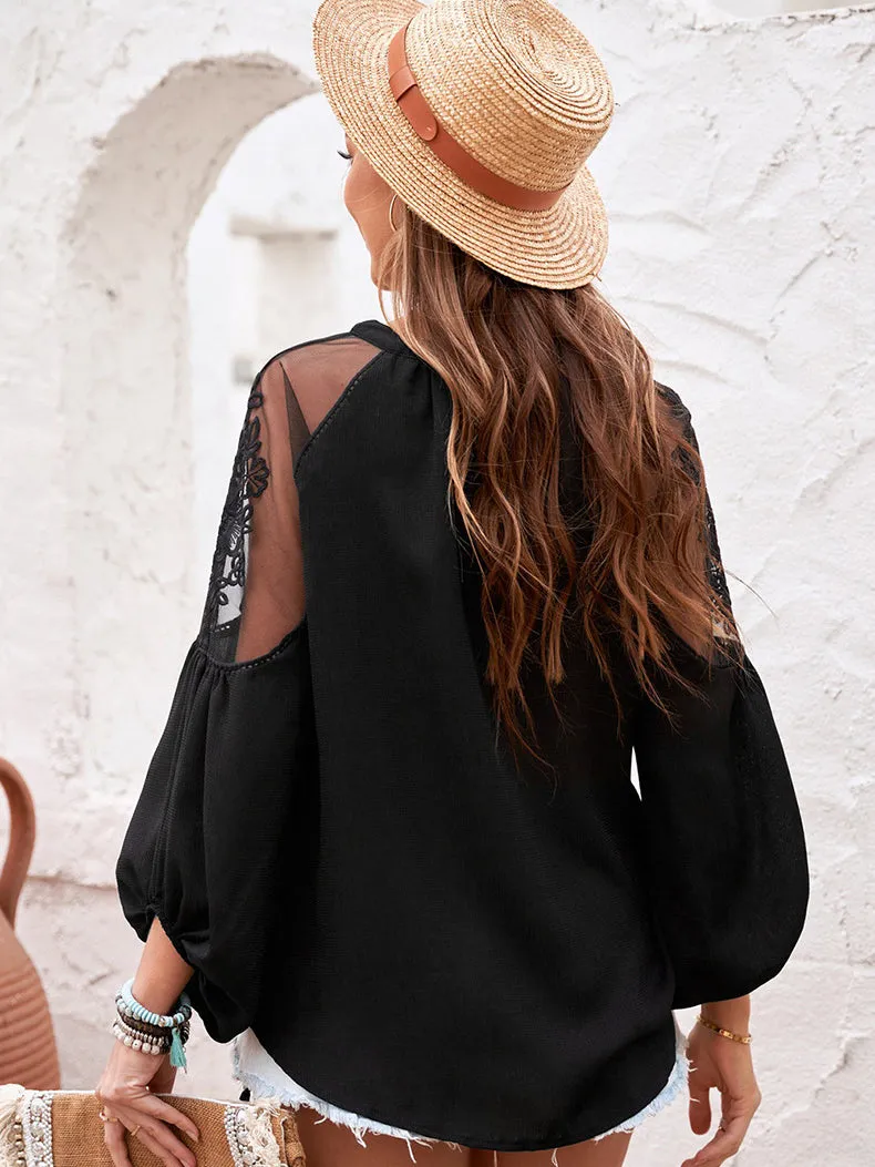 Divine Style White Sheer Long Sleeve Lace Blouse