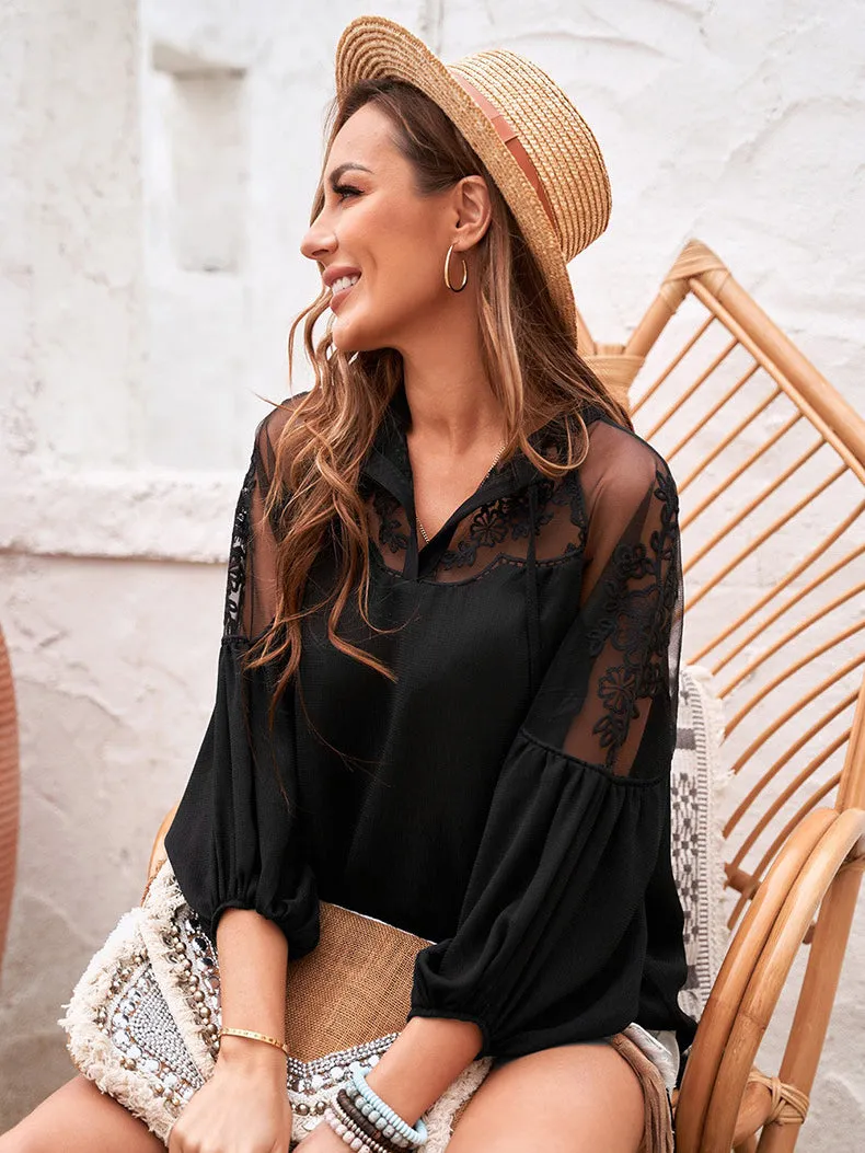 Divine Style White Sheer Long Sleeve Lace Blouse