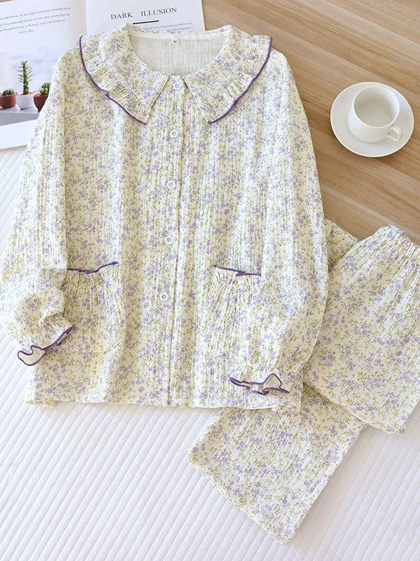 Doll Collar Printed Button-Up Long Sleeve Pajamas