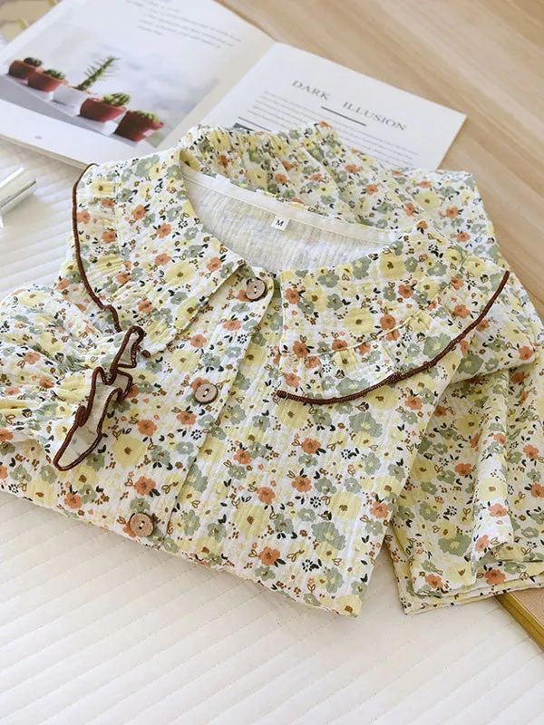 Doll Collar Printed Button-Up Long Sleeve Pajamas