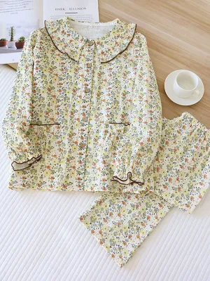 Doll Collar Printed Button-Up Long Sleeve Pajamas