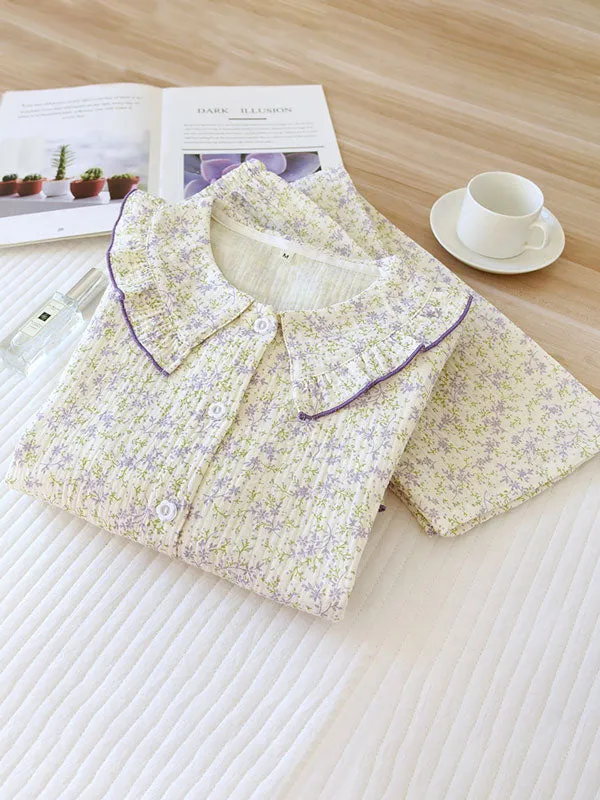 Doll Collar Printed Button-Up Long Sleeve Pajamas