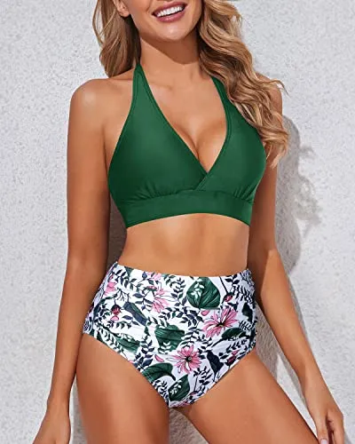 Double Buckles High Waisted Bikini Women's Bikini Swimsuits-Green Pink Flower