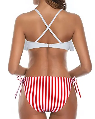 Double Ruffled Flounce Bikini Top Ruffled Bikini For Women-White Stripe