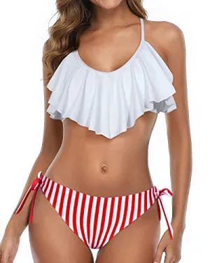 Double Ruffled Flounce Bikini Top Ruffled Bikini For Women-White Stripe
