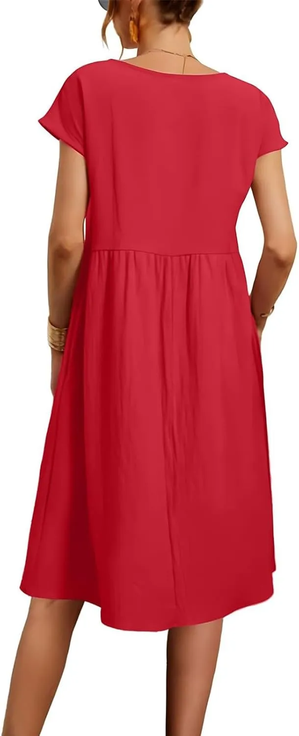 Dresses for Women 2024 Casual Summer Trendy Plus Size Short Sleeves Cute Midi Dress Boho Beach Sundress with Pockets