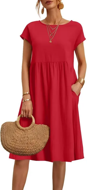 Dresses for Women 2024 Casual Summer Trendy Plus Size Short Sleeves Cute Midi Dress Boho Beach Sundress with Pockets