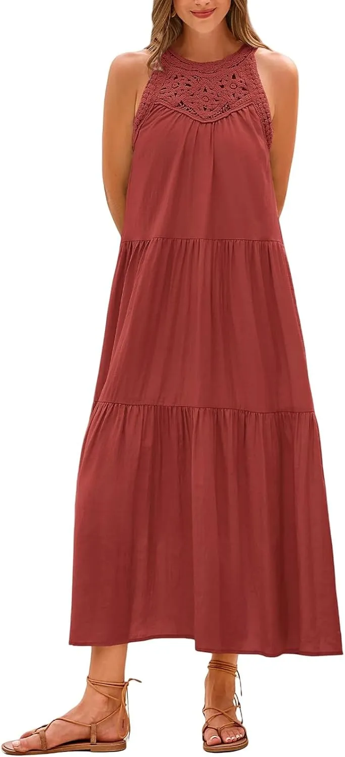 Dresses for Women Boho A Line Hollow Loose Fit Crewneck Sleeveless Printed Mini Dress Summer Casual Dressy 2025