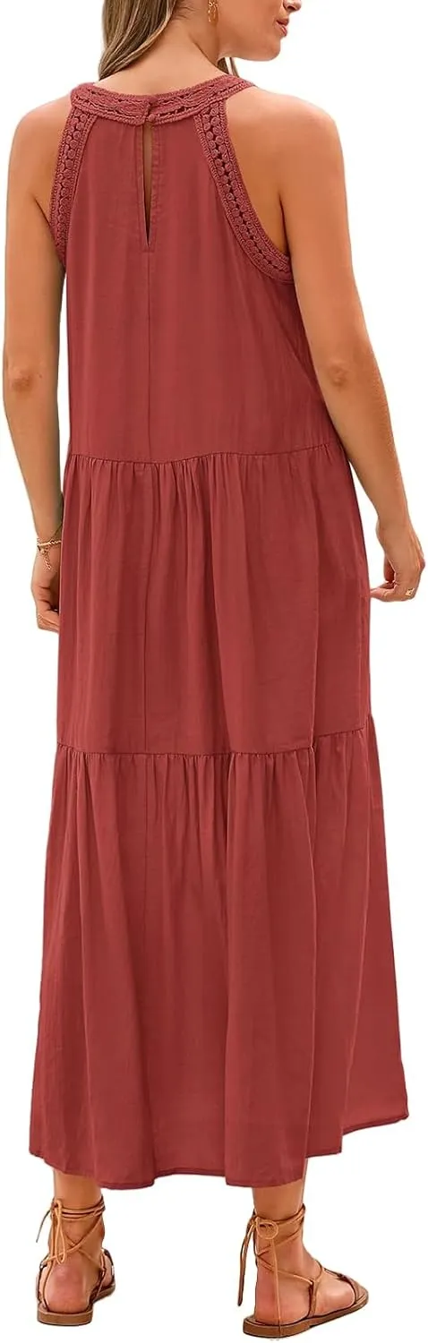 Dresses for Women Boho A Line Hollow Loose Fit Crewneck Sleeveless Printed Mini Dress Summer Casual Dressy 2025