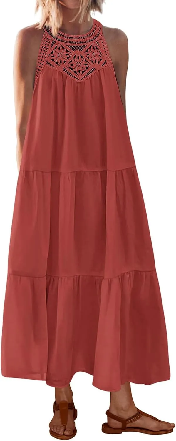 Dresses for Women Boho A Line Hollow Loose Fit Crewneck Sleeveless Printed Mini Dress Summer Casual Dressy 2025