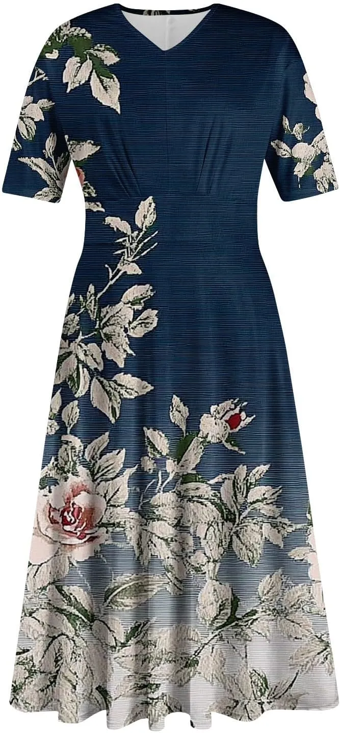 Dresses for Women Casual Floral Printed Oversize Maxi Dress Casual V Neck Short Sleeve Comfy Swing Sundress