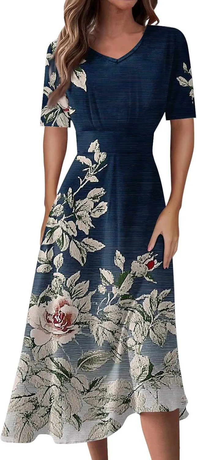 Dresses for Women Casual Floral Printed Oversize Maxi Dress Casual V Neck Short Sleeve Comfy Swing Sundress