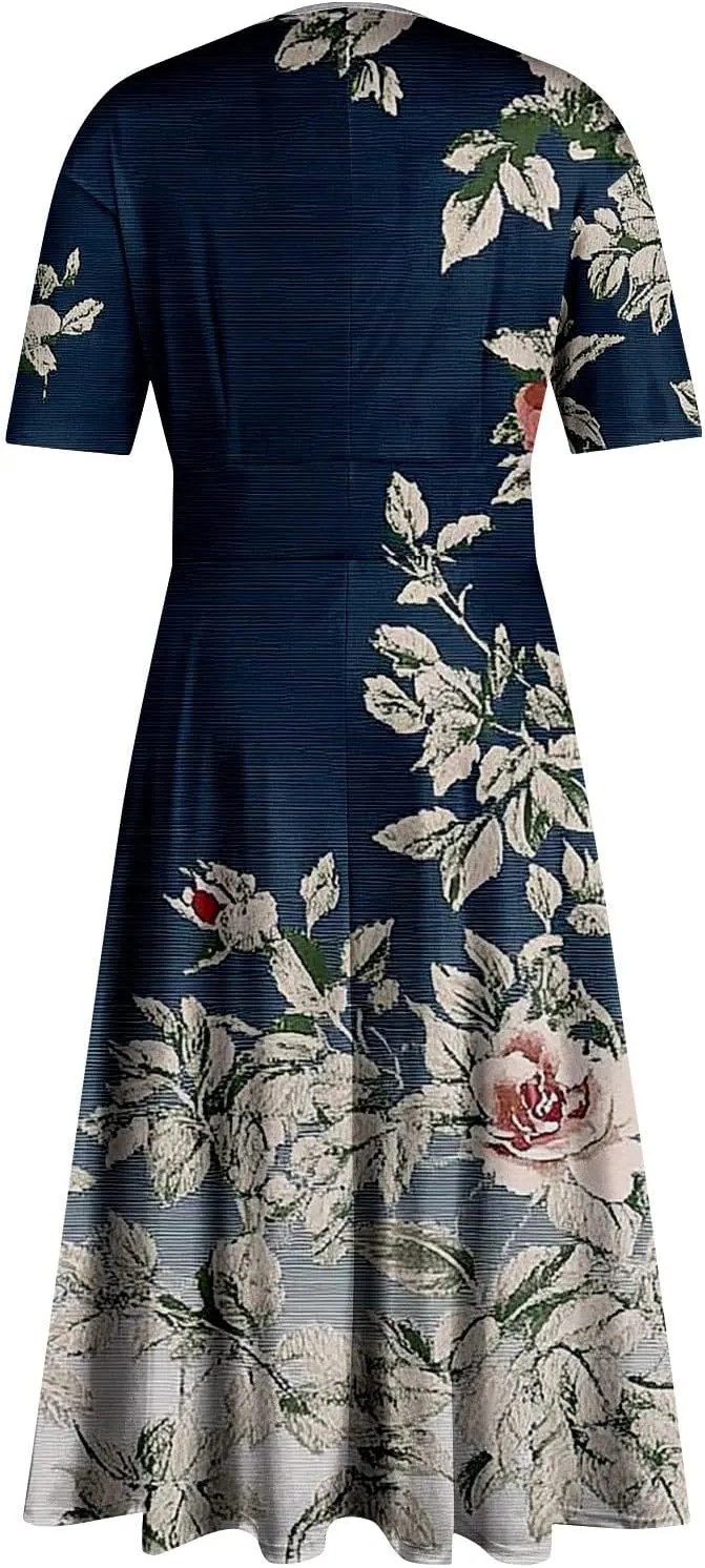 Dresses for Women Casual Floral Printed Oversize Maxi Dress Casual V Neck Short Sleeve Comfy Swing Sundress