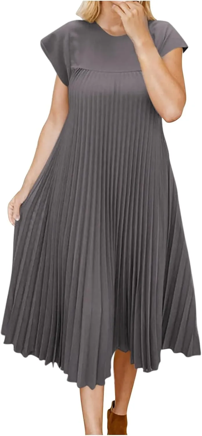 Dresses for Women Pleated Loose Plus Size Crew Neck Short Sleeve Flowy Dress Wedding Guest Beach Sundress