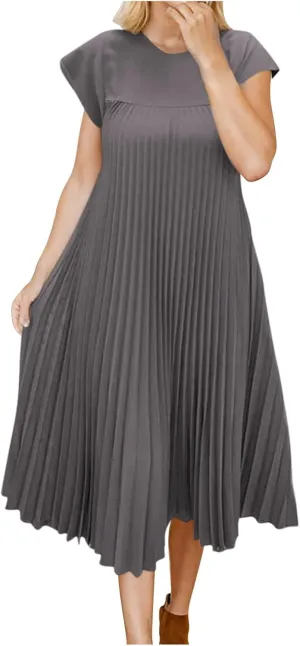 Dresses for Women Pleated Loose Plus Size Crew Neck Short Sleeve Flowy Dress Wedding Guest Beach Sundress