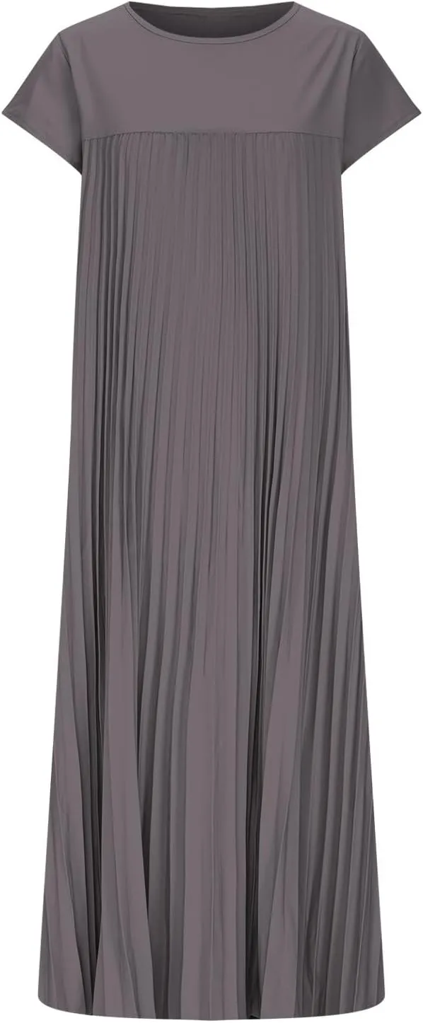 Dresses for Women Pleated Loose Plus Size Crew Neck Short Sleeve Flowy Dress Wedding Guest Beach Sundress