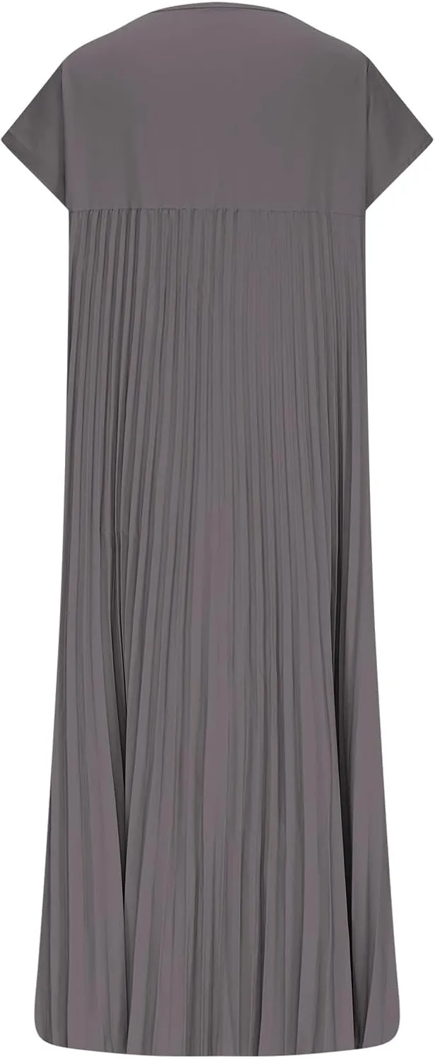 Dresses for Women Pleated Loose Plus Size Crew Neck Short Sleeve Flowy Dress Wedding Guest Beach Sundress