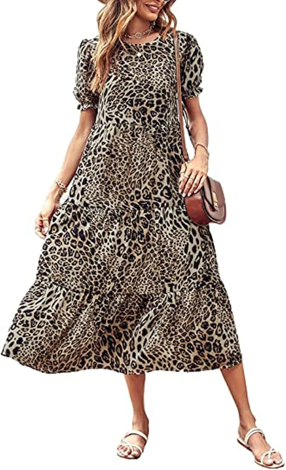 Dresses for Women Summer Puff Sleeve Crew Neck Maxi Dress Tiered Ruffle Sundress Elegant Going Out Dresses 2025