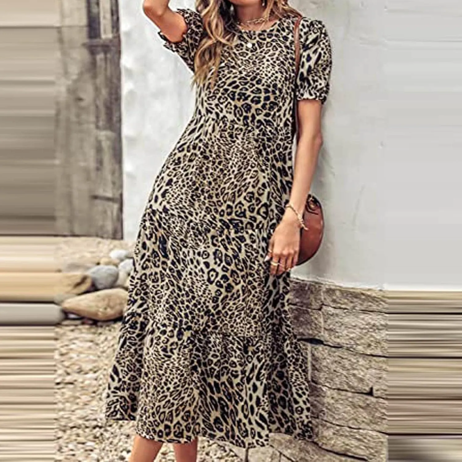 Dresses for Women Summer Puff Sleeve Crew Neck Maxi Dress Tiered Ruffle Sundress Elegant Going Out Dresses 2025