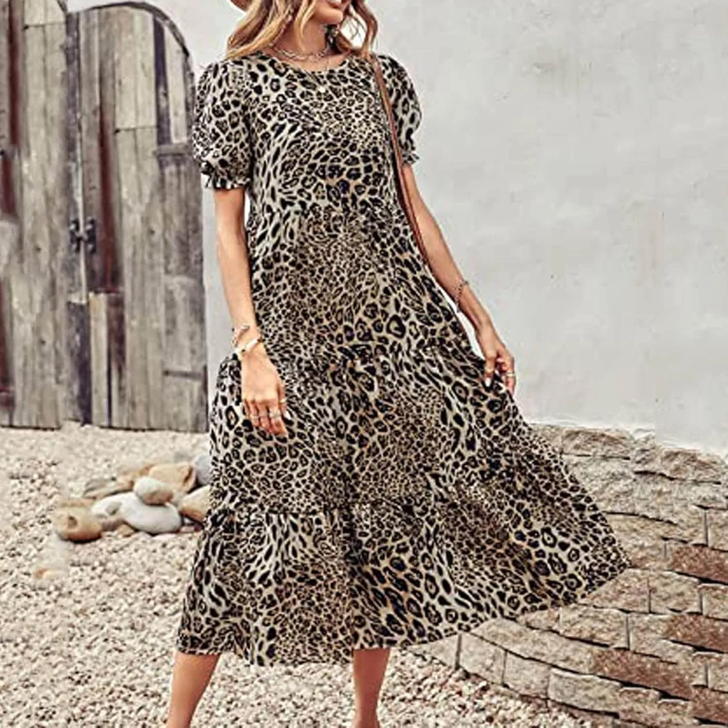 Dresses for Women Summer Puff Sleeve Crew Neck Maxi Dress Tiered Ruffle Sundress Elegant Going Out Dresses 2025