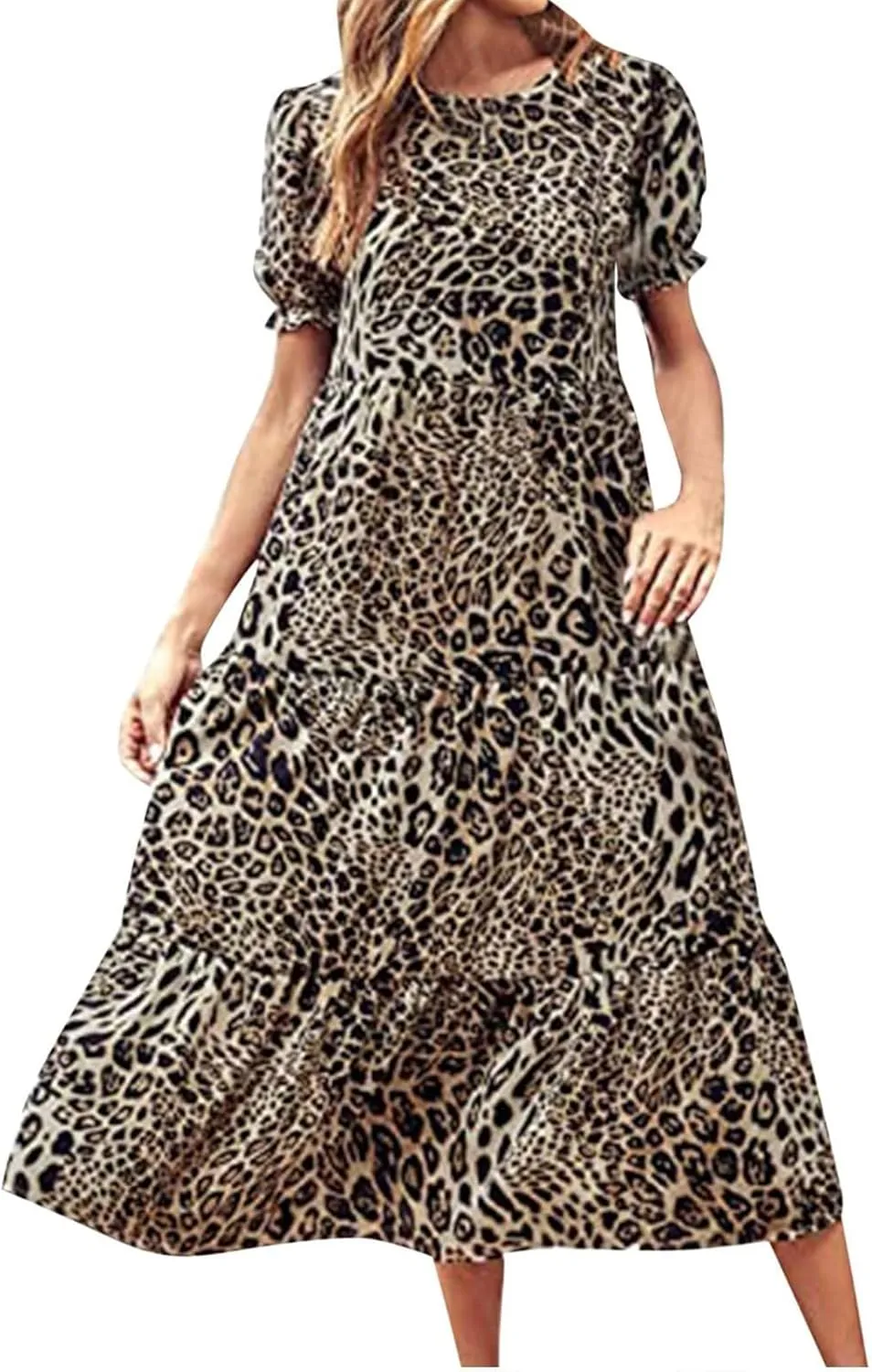 Dresses for Women Summer Puff Sleeve Crew Neck Maxi Dress Tiered Ruffle Sundress Elegant Going Out Dresses 2025