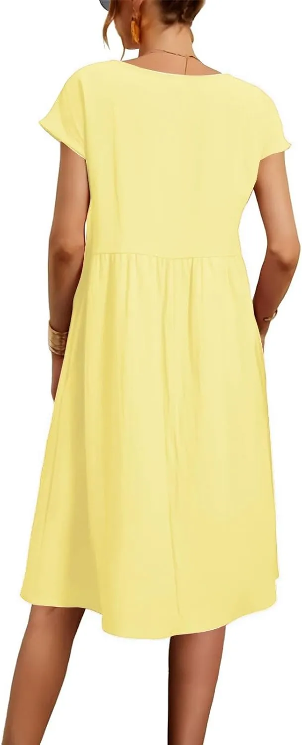 Dresses That Hide Tummy Bulge Women's Solid Ruched Waist A-Line Midi Dress with Stretchy Fabric