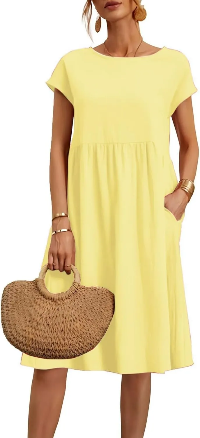 Dresses That Hide Tummy Bulge Women's Solid Ruched Waist A-Line Midi Dress with Stretchy Fabric