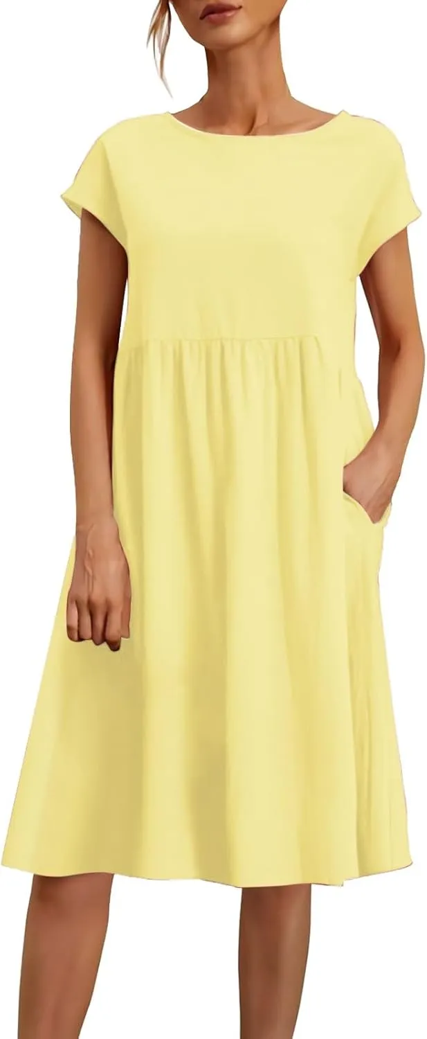 Dresses That Hide Tummy Bulge Women's Solid Ruched Waist A-Line Midi Dress with Stretchy Fabric