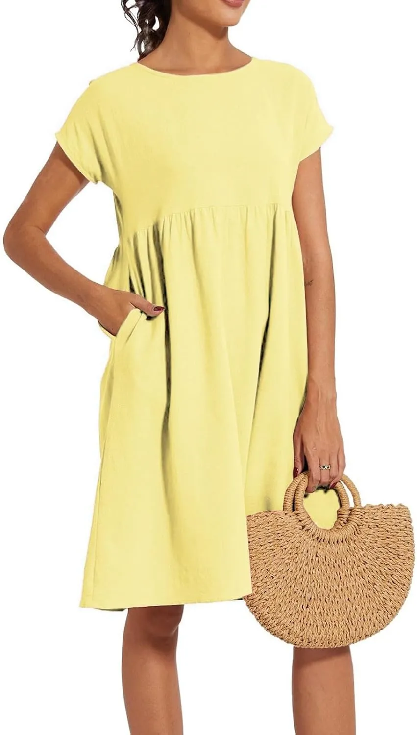 Dresses That Hide Tummy Bulge Women's Solid Ruched Waist A-Line Midi Dress with Stretchy Fabric