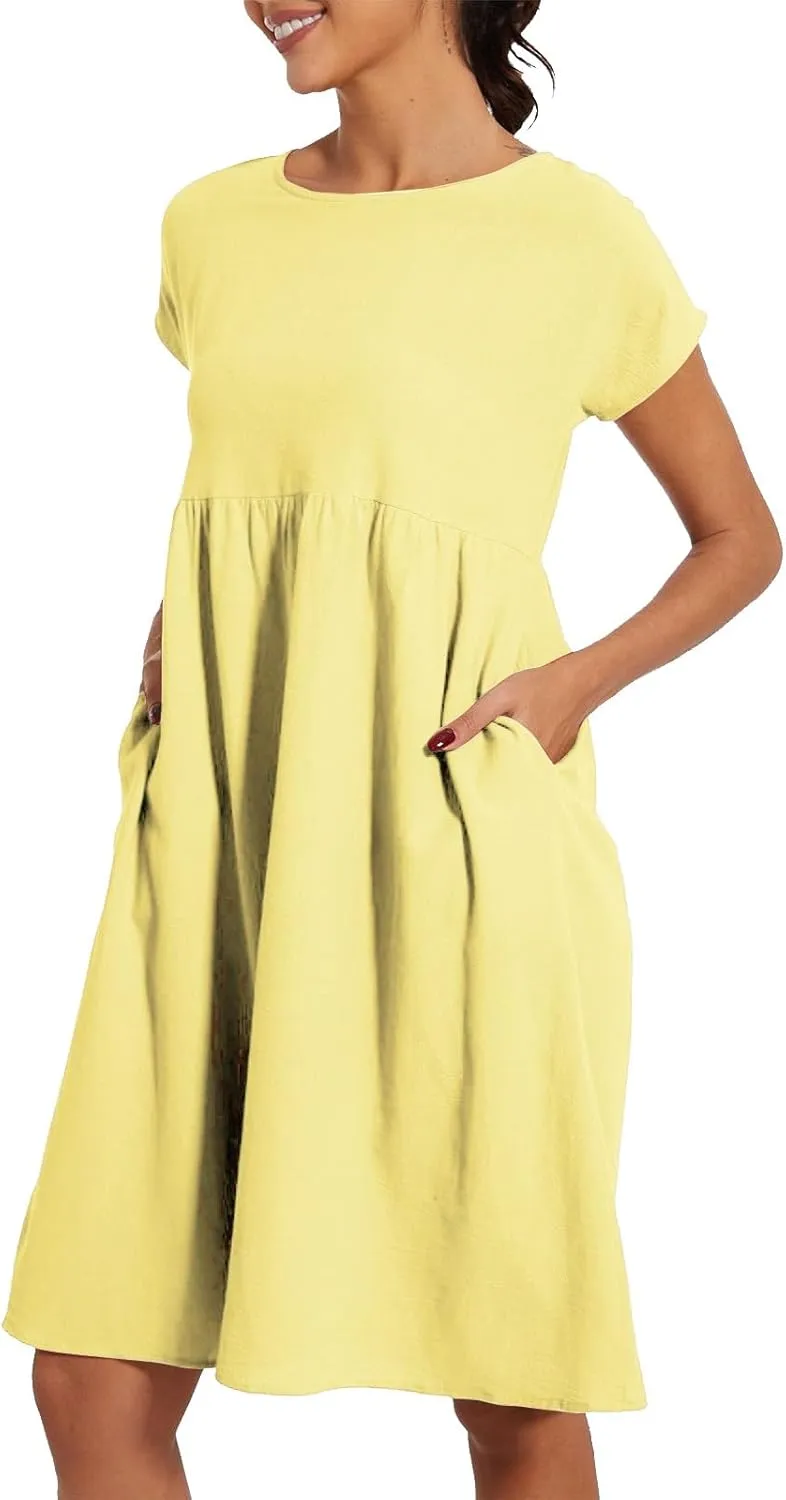 Dresses That Hide Tummy Bulge Women's Solid Ruched Waist A-Line Midi Dress with Stretchy Fabric