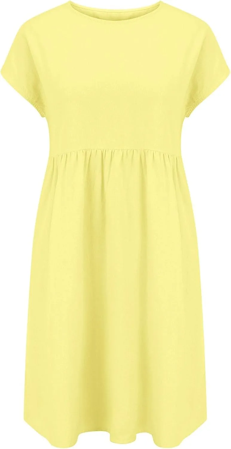 Dresses That Hide Tummy Bulge Women's Solid Ruched Waist A-Line Midi Dress with Stretchy Fabric