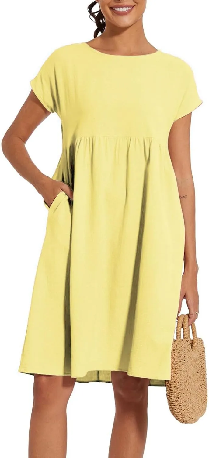 Dresses That Hide Tummy Bulge Women's Solid Ruched Waist A-Line Midi Dress with Stretchy Fabric