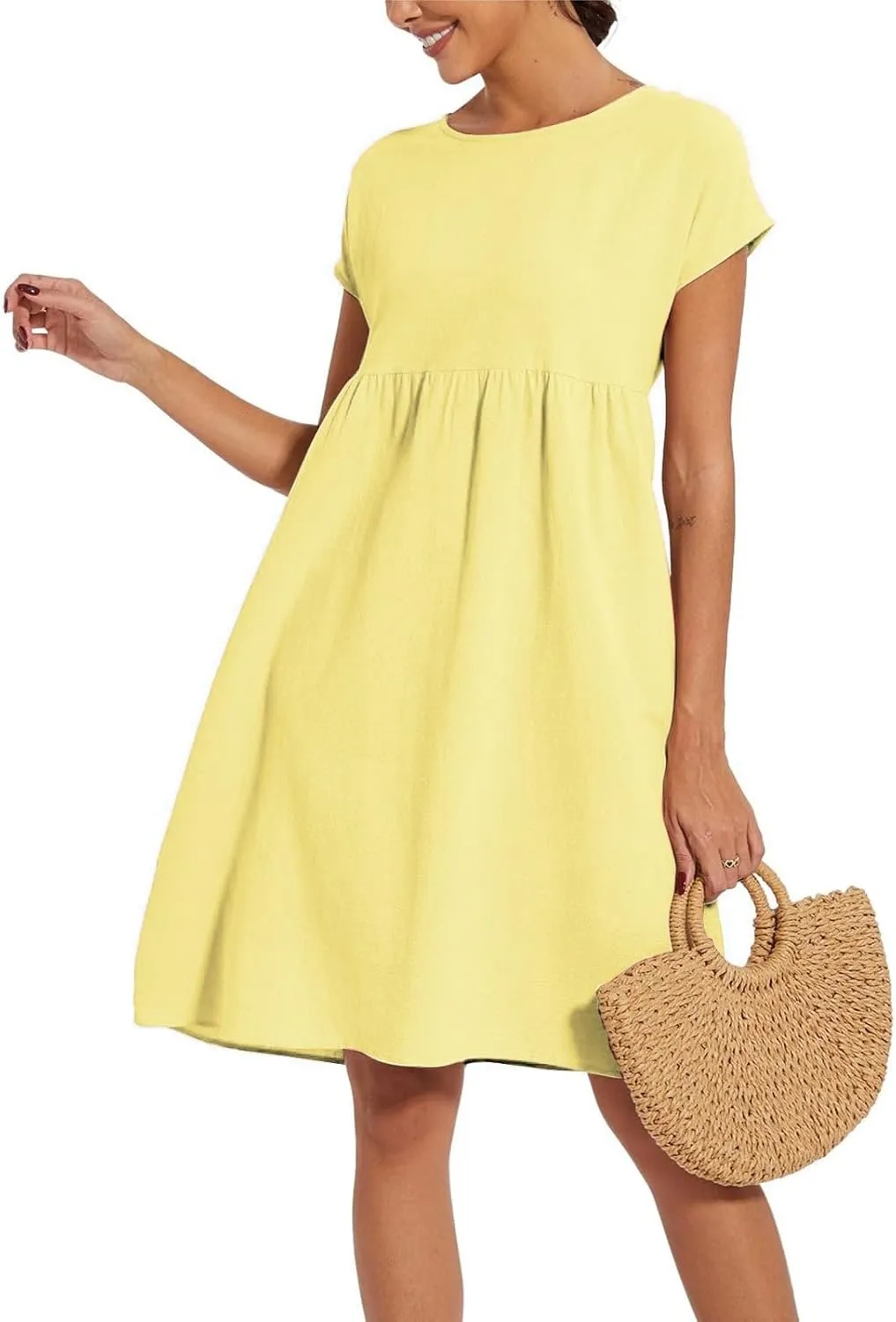 Dresses That Hide Tummy Bulge Women's Solid Ruched Waist A-Line Midi Dress with Stretchy Fabric