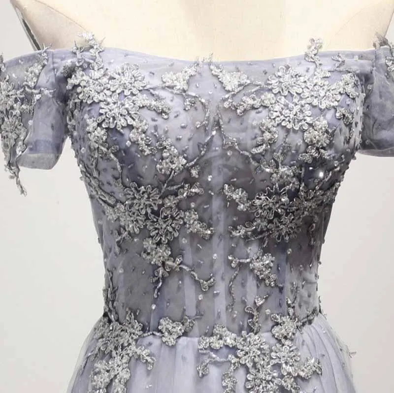 Dusty Blue A-Line Off-the-Shoulder Tulle Lace up Prom Dresses with Appliques Lace WK956