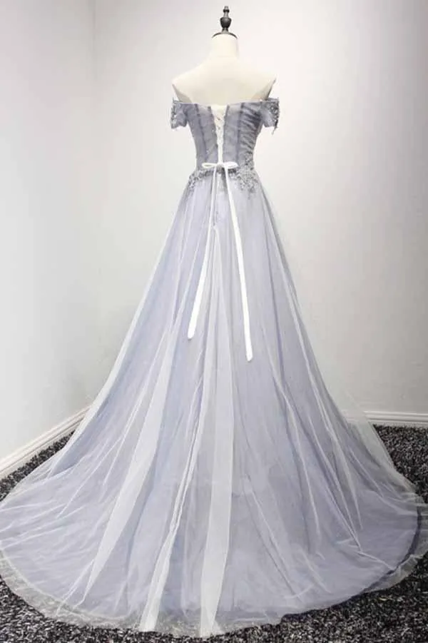 Dusty Blue A-Line Off-the-Shoulder Tulle Lace up Prom Dresses with Appliques Lace WK956