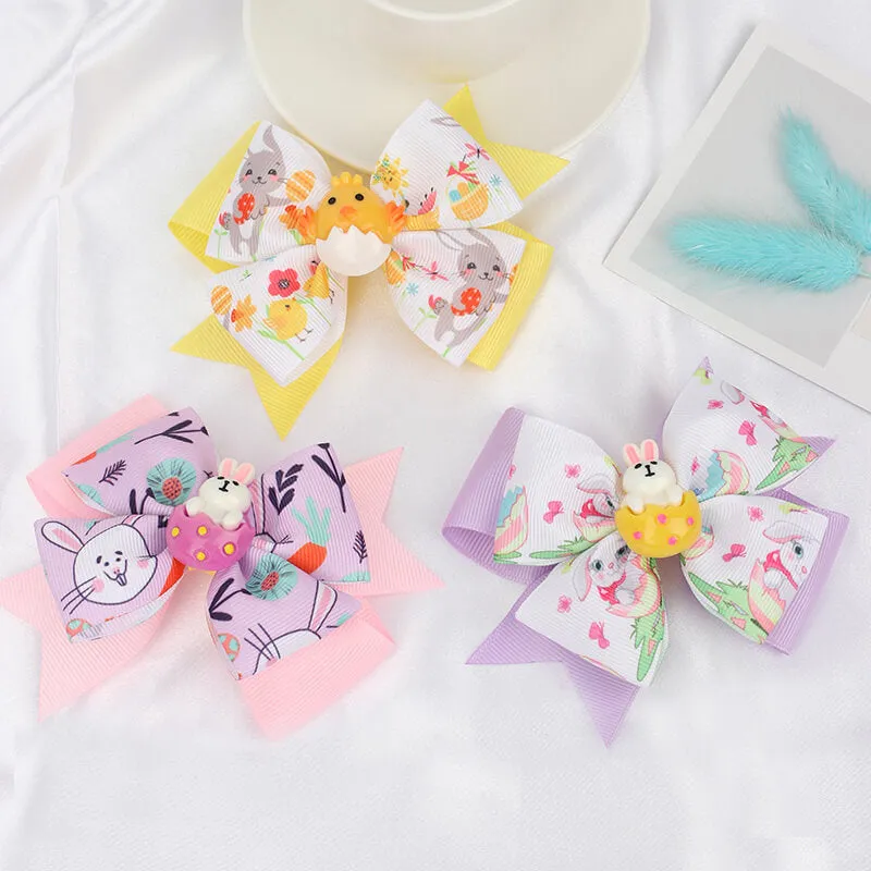 Easter Resin Rabbit Ribbon Hair Bow Clips