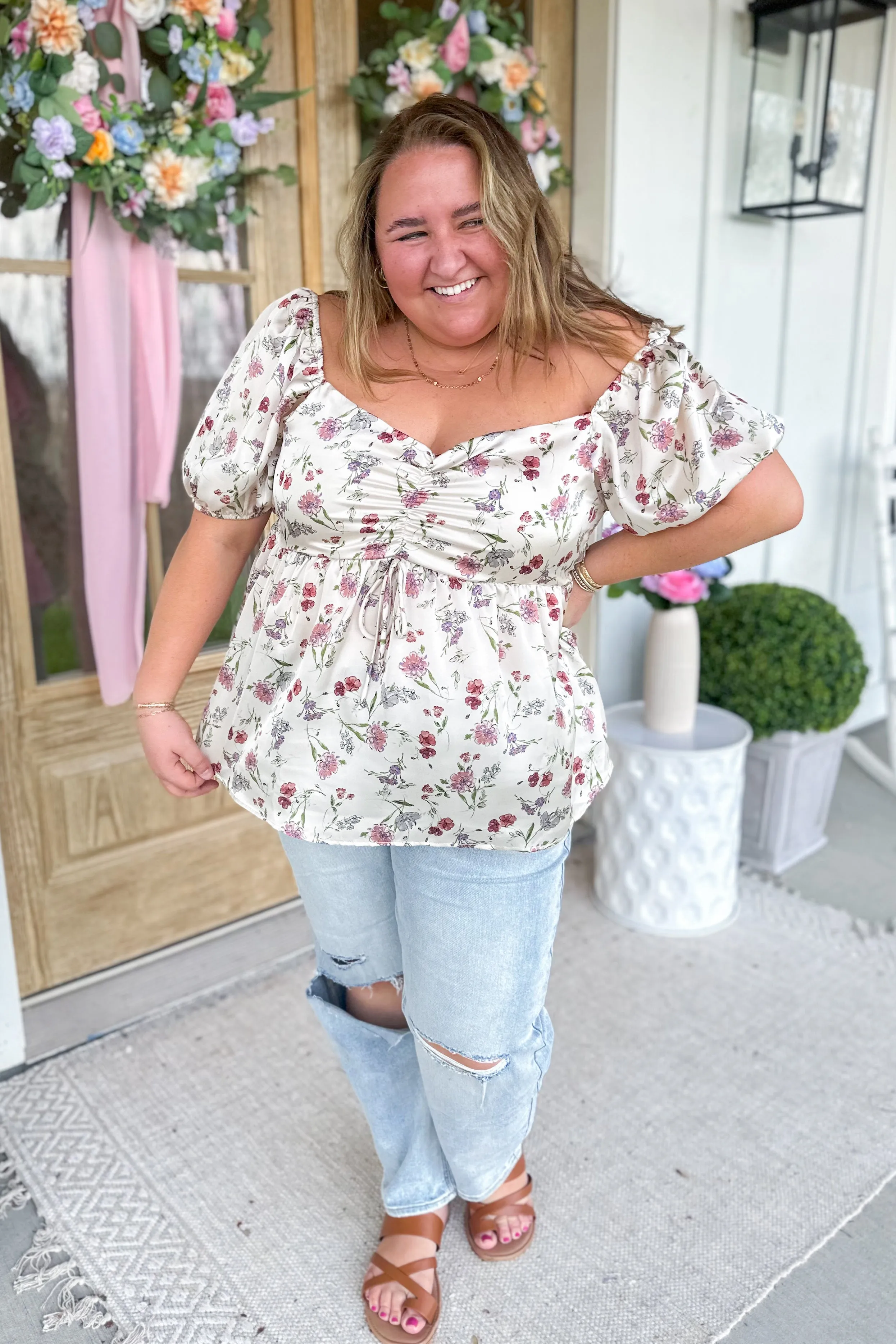 Edward Floral Print Satin Babydoll Blouse Top *FINAL SALE*