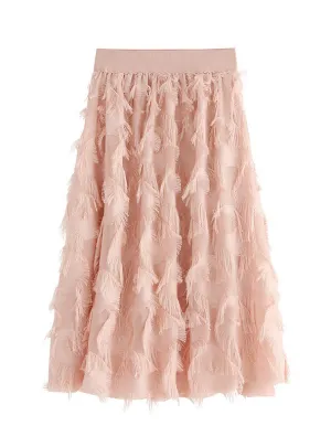 Elastic Waist Feather Fringed Skirt