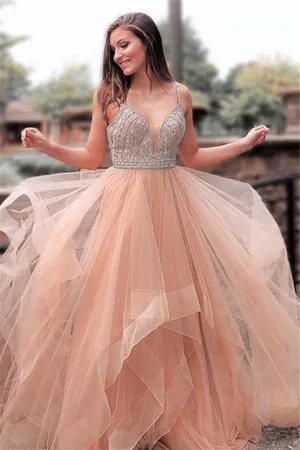 Elegant A-Line V-neck Spaghetti-Straps Tulle Long Prom Dress