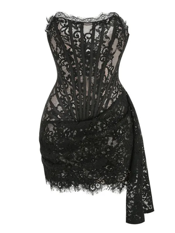Elegant Evening Lace Corset Mini Dress with Draped Tail
