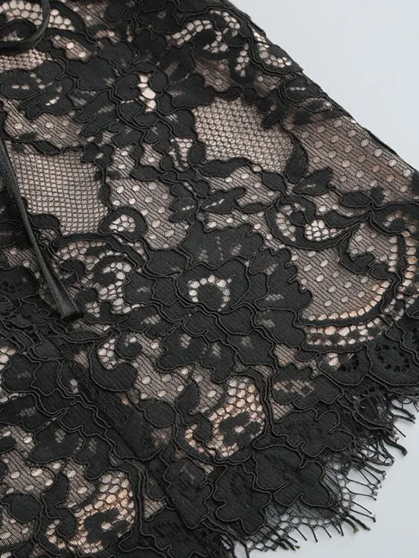 Elegant Evening Lace Corset Mini Dress with Draped Tail