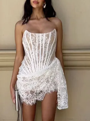 Elegant Evening Lace Corset Mini Dress with Draped Tail