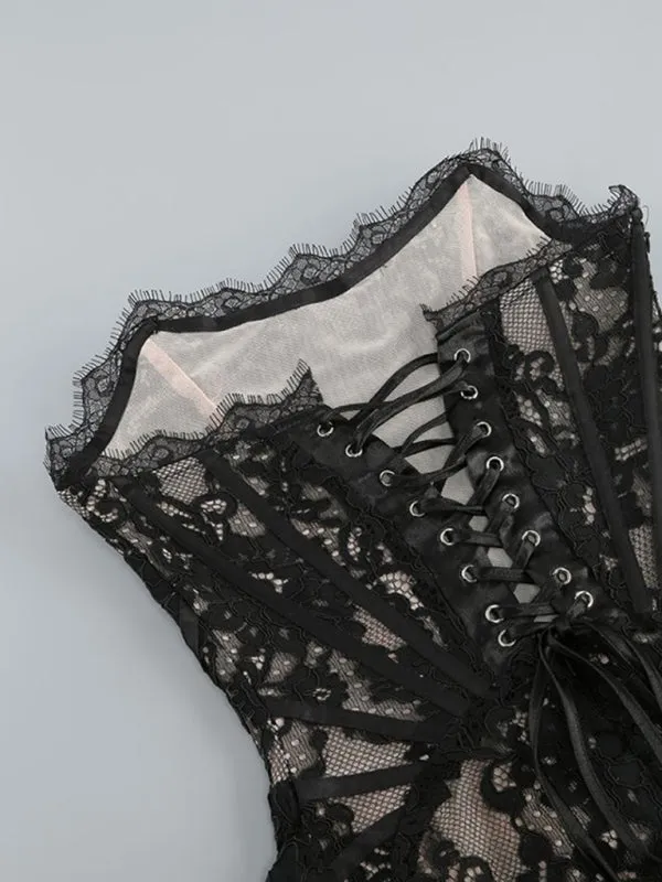 Elegant Evening Lace Corset Mini Dress with Draped Tail