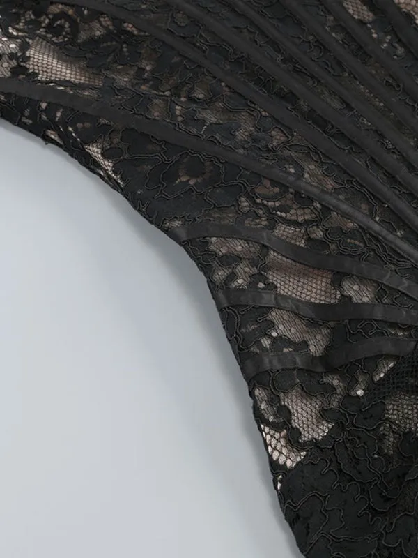 Elegant Evening Lace Corset Mini Dress with Draped Tail