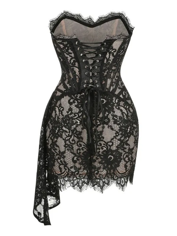 Elegant Evening Lace Corset Mini Dress with Draped Tail