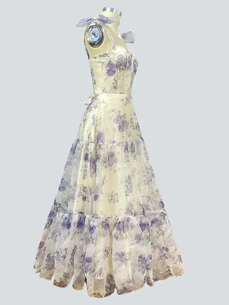 Elegant Floral Print A-line Floor-length Prom Dresses