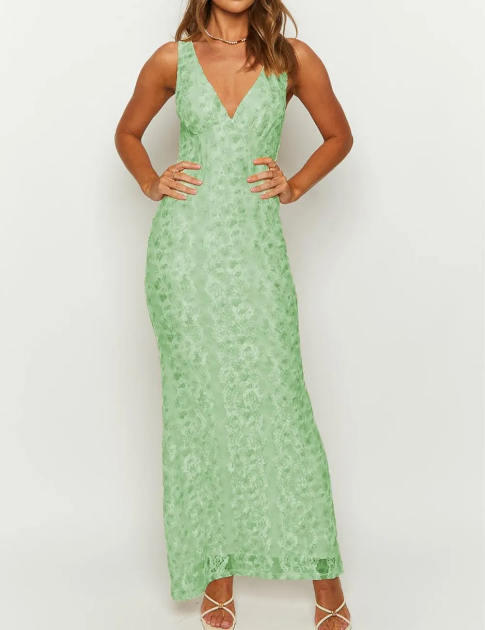 Elegant Lace Floral V Neck Backless Bodycon Dresses for Women Sexy Cut Out Low Back Sleeveless Maxi Dress Wedding Guest